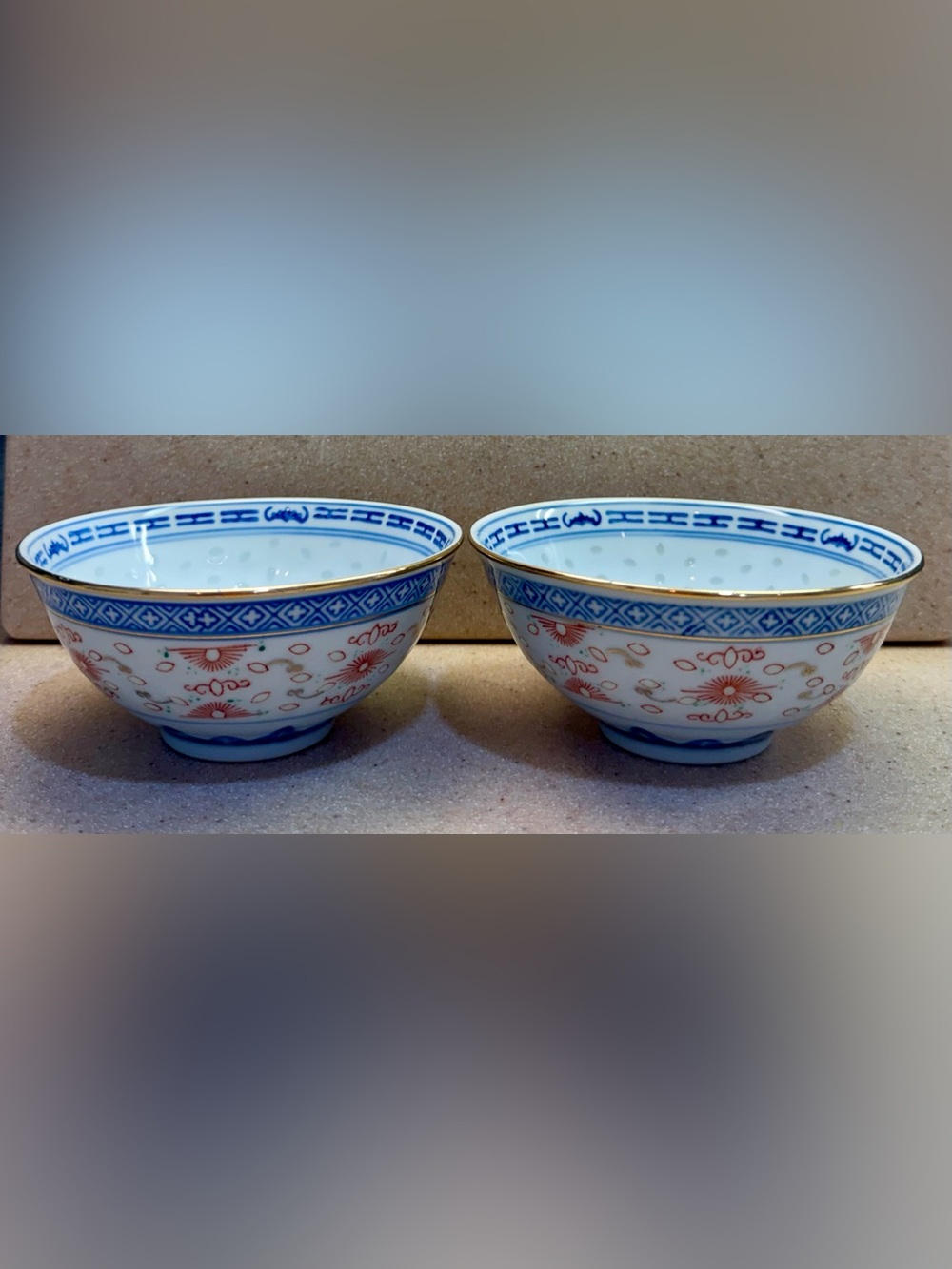 Asian Porcelain Rice Bowls - Set of 2 Chinese Floral White with Red, Blue, Gold